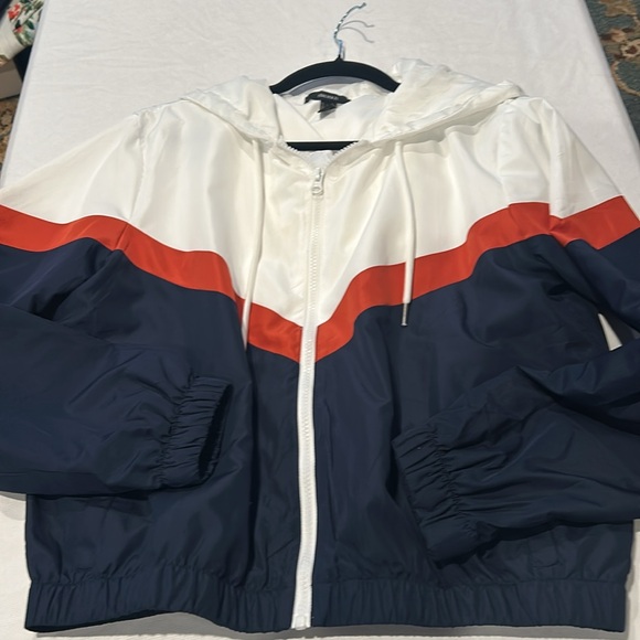 Forever 21 Lightweight Zip Down Hooded Jacket Large Pockets White Blue Orangee - Picture 5 of 5